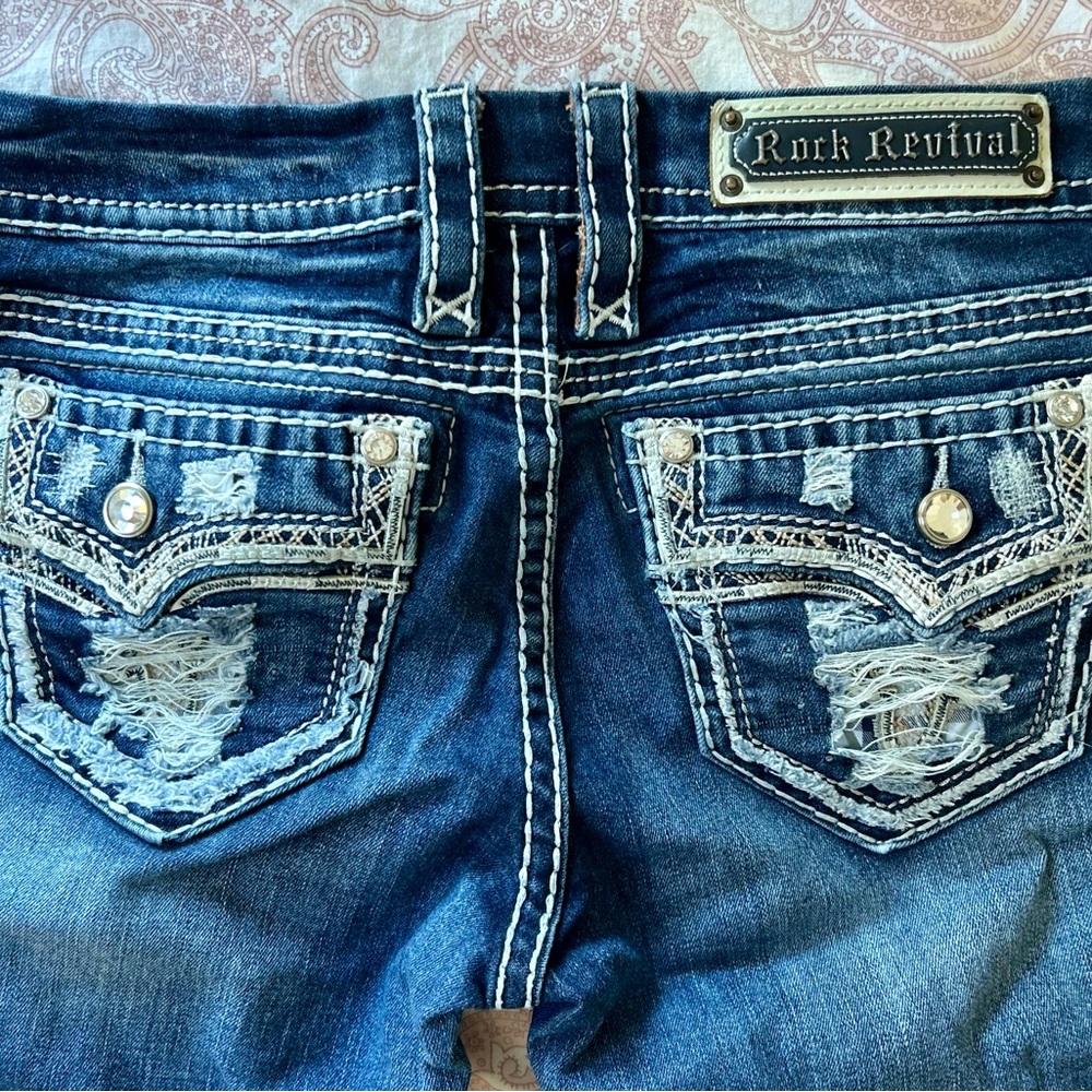 Rock Revival Distressed Denim Jeans with White Stitching